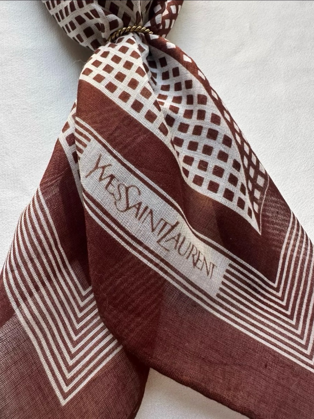 Yves Saint Laurent Brown & White Grid cotton scarf Square - Picture 4 of 5